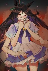 Rule 34 | 1girl, absurdres, ahoge, animal ears, black hair, bow, bowtie, covering own mouth, ear ornament, ear tag, earrings, extra arms, floating hair, frilled skirt, frills, grey hair, grin, hands up, highres, horse ears, horse girl, horse tail, jewelry, long bangs, long hair, looking at viewer, manhattan cafe (umamusume), multicolored hair, parted lips, pleated skirt, puffy short sleeves, puffy sleeves, purple bow, purple bowtie, purple shirt, purple trim, ryoumen sukuna (jujutsu kaisen), sailor collar, school uniform, sharp teeth, shirt, shirt tucked in, short sleeves, single earring, skirt, smile, smoke klll, solo, tail, teeth, tracen school uniform, two-tone shirt, umamusume, variant set, very long hair, white sailor collar, white shirt, white skirt, yellow eyes