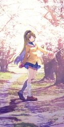 Rule 34 | 1girl, akayama yukihe, arm at side, black hairband, blazer, blue eyes, blue skirt, blush, brown shoes, clannad, commentary request, dappled sunlight, day, full body, hair between eyes, hairband, highres, jacket, kneehighs, light brown hair, loafers, long hair, looking at viewer, miniskirt, open mouth, outdoors, outstretched arm, park, photo background, pleated skirt, sailor collar, sakagami tomoyo, shoes, skirt, smile, socks, solo, spring (season), standing, sunlight, thighs, turtleneck, very long hair, white sailor collar, white socks, yellow jacket
