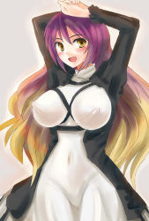 Rule 34 | 1girl, arms behind head, arms up, bad id, bad pixiv id, blush, breasts, covered erect nipples, female focus, gradient hair, highres, hijiri byakuren, hokamichi, large breasts, long hair, multicolored hair, solo, taji (crowview), touhou, yellow eyes