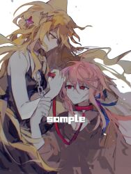 1boy 1girl a_pi animal_collar black_dress blonde_hair breasts brown_shirt chain chinese_commentary collar commentary_request dress floating_hair hair_ornament hand_up heterochromia highres holding holding_chain holding_leash holding_rope indie_virtual_youtuber kaofish leash long_hair looking_at_another metal_collar nihao_bot pink_hair red_eyes rope sample_watermark shirt simple_background star_(symbol) star_hair_ornament very_long_hair watermark wavy_hair white_background yellow_eyes