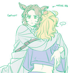 ... 2girls ahoge animal_ears belt blonde_hair blonney brown_hair colored_lineart deer_ears english_text enullim5908 facing_away facing_viewer frown hug jacket jessica_(reverse:1999) korean_text long_hair midriff_peek multiple_girls purple_jacket reverse:1999 shirt upper_body white_shirt yuri