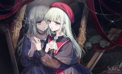 2girls ascot bang_dream! bang_dream!_it&#039;s_mygo!!!!! beret black_dress blunt_bangs broken_mirror brown_eyes capelet collar commentary dress dual_persona english_commentary frilled_collar frills green_hair hat long_eyelashes looking_at_viewer mirror mortis_(bang_dream!) mortis_(costume)_(bang_dream!) multiple_girls open_mouth plaid_clothes plaid_dress red_hat sidelocks soha_blan stuffed_animal stuffed_toy teddy_bear wakaba_mutsumi watermark yellow_eyes