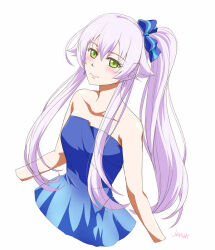 1girl altina_orion artist_name bare_shoulders blue_dress bow breasts double-parted_bangs dress earrings eiyuu_densetsu green_eyes hair_between_eyes hair_bow jewelry long_hair long_sidelocks looking_at_viewer ponytail sen_no_kiseki sen_no_kiseki_(series) sen_no_kiseki_iv sidelocks simple_background sleeveless sleeveless_dress small_breasts smile solo upper_body white_background white_hair xiacheng_tatsuya