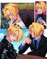 Rule 34 | 1boy, blonde hair, cigarette, curly eyebrows, eyeshadow, facial hair, formal clothes, hair over one eye, highres, holding, holding cigarette, jacket, leather, leather jacket, makeup, male focus, mustache stubble, one piece, rottenbuggy, sanji (one piece), shirt, smoking, solo, stubble, suit