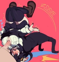 1girl absurdres blush breasts captain_kirb embarrassed filia_(skullgirls) highres large_breasts living_hair paizuri perpendicular_paizuri prehensile_hair skullgirls suplex thick_thighs thighhighs thighs uncensored wrestling