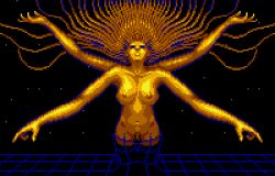 1girl breasts collarbone colored_skin extra_arms giant giantess gold_hair gold_skin grid large_breasts long_hair looking_up mother&#039;s_day mother_brain_(phantasy_star_ii) navel nipples nude open_mouth phantasy_star phantasy_star_ii pixel_art pussy saiwai_hiroshi sega space standing star_(sky) teeth