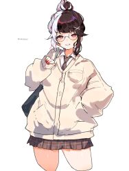 Rule 34 | 1girl, black hair, blunt bangs, cardigan, grass, hair bun, hair ornament, hand in pocket, highres, looking at viewer, multicolored hair, necktie, neko kai-san, nijisanji, pink hair, pleated skirt, red eyes, school uniform, simple background, skirt, solo, virtual youtuber, white background, white hair, x hair ornament, yorumi rena