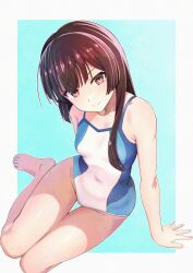 Rule 34 | 1girl, aqua background, blue one-piece swimsuit, blunt bangs, border, breasts, brown eyes, brown hair, closed mouth, commentary request, covered navel, groin, highres, hime cut, juujou hiyori, long hair, looking at viewer, multicolored swimsuit, okaka factory, one-piece swimsuit, outside border, shade, simple background, sitting, small breasts, smile, solo, swimsuit, toji no miko, white border, white one-piece swimsuit, yokozuwari