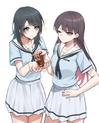 2girls absurdres bang_dream! bang_dream!_it&#039;s_mygo!!!!! black_hair black_neckerchief blue_eyes blue_shirt blush brown_hair carton chinese_commentary closed_mouth collarbone commentary_request hand_on_own_hip hand_up highres long_hair medium_hair mole mole_under_eye multiple_girls neckerchief one_eye_closed pleated_skirt sailor_collar school_uniform serafuku shiina_taki shirt short_sleeves simple_background skirt sparkle unique_(pixiv12704744) white_background white_sailor_collar white_skirt yahata_umiri