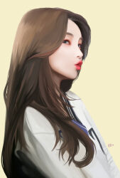 Rule 34 | 12 07sh, 1girl, absurdres, blue eyes, brown hair, eyeshadow, gfriend, highres, k-pop, long hair, makeup, pink lips, profile, real life, red eyeshadow, shirt, simple background, solo, sowon (gfriend), upper body, white shirt, yellow background