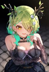 1girl absurdres antler_ribbon antlers arm_under_breasts black_choker black_dress black_ribbon black_sleeves blush braid breasts ceres_fauna ceres_fauna_(goth) choker cleavage commentary crinoline detached_sleeves dio_dio dress english_commentary eyes_visible_through_hair fang floral_print flower frilled_dress frills goth_fashion gradient_hair green_hair hair_flower hair_ornament hair_over_one_eye harness heart heart_choker highres hololive hololive_english horns lace_sleeves large_breasts long_hair looking_at_viewer mole mole_under_eye multicolored_hair o-ring o-ring_choker o-ring_harness official_alternate_costume open_mouth ribbon side_braid signature skin_fang solo strapless strapless_dress virtual_youtuber yellow_eyes