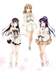 3girls aqua_eyes artbook azalea_(love_live!) black_hair blue_eyes blue_hair blush bow brown_hair collarbone dress flower full_body hair_bow hair_flower hair_ornament hair_ribbon hand_in_own_hair heart high_ponytail highres jewelry kunikida_hanamaru kurosawa_dia long_hair looking_at_viewer love_live! love_live!_sunshine!! matsuura_kanan mole mole_under_mouth multiple_girls necklace non-web_source official_alternate_costume official_art ponytail purple_eyes ribbon shirt short_sleeves simple_background skirt smile socks standing standing_on_one_leg strapless strapless_dress torikoriko_please!! white_background white_dress white_shirt