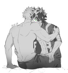 Rule 34 | 2boys, abs, absurdres, arm support, back, back muscles, bakugou katsuki, bare pectorals, boku no hero academia, commentary request, dimples of venus, greyscale, hand on another&#039;s shoulder, hand on another&#039;s thigh, hand on another&#039;s waist, hapi gk, highres, jacket, looking at viewer, male focus, midoriya izuku, monochrome, multiple boys, open clothes, open jacket, pants, pectorals, short hair, short sleeves, simple background, sitting, spot color, topless male, twitter username, u.a. gym uniform, white background, yaoi