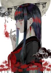 1girl absurdres arm_up black_dress black_hair body_writing cloud dress ear_piercing flower from_side hair_ornament hairclip highres hime_cut long_hair moon neckerchief original piercing red_eyes red_lips red_neckerchief sailor_dress solo spider_lily syakemayusan upper_body white_background