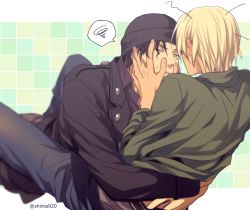 2boys akai_shuuichi amuro_tooru beanie black_hair black_headwear black_jacket blonde_hair blue_pants blush checkered_background commentary_request dark-skinned_male dark_skin ear_blush green_shirt grey_male_underwear hand_in_underwear hands_on_another&#039;s_face hat hidden_face hug jacket looking_at_another male_focus male_underwear mashima_shima meitantei_conan multiple_boys one_eye_closed pants shirt spoken_squiggle squiggle sweat twitter_username underwear yaoi