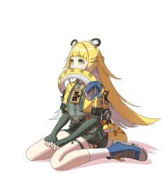 1girl absurdres animal_ears blonde_hair blunt_bangs bow braid elbow_gloves fingerless_gloves full_body gloves green_eyes highres ju_fufu long_hair shoes shorts simple_background sitting socks solo tail tail_bow tail_ornament tiger_ears tiger_tail very_long_hair wariza white_background white_socks you6764 zenless_zone_zero