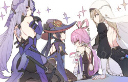 Rule 34 | 4girls, aponia, ass, backless dress, backless outfit, bare shoulders, black footwear, black gloves, black hair, black pantyhose, black swan (honkai: star rail), boots, bow-shaped hair, breasts, brown eyes, butt crack, commentary request, company connection, constellation print, crescent, detached sleeves, dress, expressionless, from behind, fu xuan (honkai: star rail), genshin impact, gloves, green eyes, hair between eyes, hair ornament, hairpin, hand up, hat, high heel boots, high heels, highres, honkai: star rail, honkai (series), honkai impact 3rd, large breasts, leotard, light brown hair, long hair, long sleeves, looking at viewer, looking back, low twintails, medium breasts, mole, mole on back, mona (genshin impact), multiple girls, nun, outfit connection, pantyhose, pink hair, purple dress, purple eyes, purple hair, purple headwear, purple leotard, purple sleeves, purple veil, sidelocks, simple background, smile, tassel, twintails, veil, white background, white veil, witch hat, yumegiwa (skgl thx)