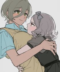 2girls 85af4b black_dress blue_shirt bow_hairband brown_sweater_vest closed_mouth collared_shirt commentary_request dress ebizuka_tomo eye_contact girls_band_cry green_eyes grey_background grey_hair grey_hairband hairband hand_on_another&#039;s_back hand_on_another&#039;s_waist head_on_chest highres hug korean_commentary looking_at_another medium_hair mole mole_under_eye multiple_girls red_eyes rupa_(girls_band_cry) shirt short_hair short_sleeves simple_background smile sweater_vest yuri
