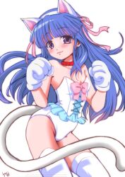 1girl animal_ears animal_hands bare_shoulders blue_hair blunt_bangs blush bow cat_ears cat_tail choker closed_mouth cross-laced_clothes fake_animal_ears flat_chest furude_rika gloves hair_ribbon highleg highleg_leotard highres higurashi_no_naku_koro_ni kittysuit leotard long_hair looking_at_viewer nontraditional_playboy_bunny paw_gloves paw_pose purple_eyes red_choker ribbon signature sirase_souya smile solo tail thighhighs white_background white_leotard white_thighhighs
