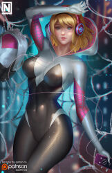 1girl arm_over_head artist_name black_bodysuit black_hairband blonde_hair blue_hair bodysuit breasts cityscape commentary covered_navel english_commentary gwen_stacy hairband headphones highres holding holding_phone hood hooded_bodysuit looking_at_viewer marvel medium_breasts medium_hair multicolored_bodysuit nopeys parted_lips patreon_logo phone signature silk smile solo spider-gwen spider-man_(series) spider_web spider_web_print superhero_costume teeth two-tone_bodysuit watermark web_address white_bodysuit