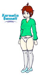 Rule 34 | 1girl, brown hair, green shirt, kaeya stollen, karmelia bennett, lyrics, non-web source, original, panties, self-upload, shirt, shoes, socks, solo, thighs, underwear, white panties
