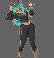 1girl aqua_hair black_pants black_shirt black_sleeves boots bottle brown_boots brown_hat cisarlil detached_sleeves feet_out_of_frame grey_background hair_between_eyes hat hatsune_miku highres holding holding_bottle jewelry long_hair mexico midriff navel necklace off-shoulder_shirt off_shoulder outline pants parted_lips print_shirt shirt simple_background smile solo very_long_hair vocaloid white_outline worldwide_miku