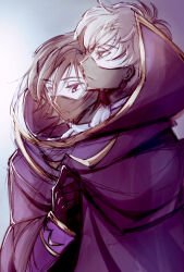 Rule 34 | ascot, black gloves, black hair, brown hair, cape, code geass, gloves, green eyes, half mask, highres, hougu (hougu kmh), kururugi suzaku, lelouch vi britannia, male focus, mask, mouth mask, multiple boys, purple eyes, zero (code geass)