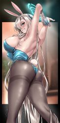 1girl animal_ears arms_behind_head arms_up ass asuna_(blue_archive) asuna_(bunny)_(blue_archive) back black_pantyhose blonde_hair blue_archive blue_eyes blush breasts fake_animal_ears fake_tail grin hair_over_one_eye hair_ribbon halo highres leotard long_hair looking_at_viewer pantyhose playboy_bunny rabbit_ears rabbit_tail ribbon smile solo tail thighband_pantyhose very_long_hair yaruku