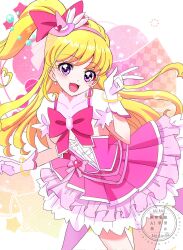 1girl :d asahina_mirai blonde_hair bow bracelet breasts brooch checkered_background chest_bow collarbone colorful_background commentary cowboy_shot cure_miracle diamond-shaped_brooch dress dress_bow earrings frilled_dress frills gloves gold_bracelet gradient_background hairband hat heart heart_background high_side_ponytail highres jewelry layered_dress long_hair looking_at_viewer magical_girl mahou_girls_precure! mahou_girls_precure!!_mirai_days mini_hat mini_witch_hat momotarouooi open_mouth patterned_background pearl_earrings pink_background pink_bow pink_dress pink_hairband pink_hat ponytail precure puffy_short_sleeves puffy_sleeves short_sleeves side_ponytail smile solo star_(symbol) star_symbol_background tilted_headwear w watermark white_background witch_hat yellow_background