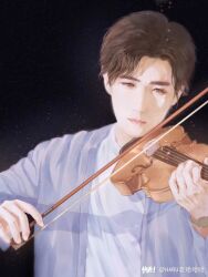 1boy artist_name asian black_background blue_jacket bow_(music) brown_eyes brown_hair character_request closed_mouth copyright_request expressionless eyelashes fingernails haru_lao_hahaha highres holding holding_bow_(music) holding_instrument holding_violin instrument jacket light_particles long_sleeves looking_ahead male_focus music open_clothes open_jacket parted_bangs pink_lips playing_instrument realistic shirt short_hair simple_background solo thick_eyebrows thick_lips third-party_source upper_body violin watermark white_shirt