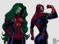 Rule 34 | !, 1girl, arms behind head, artist name, biceps, bodysuit, colored skin, cosplay, flexing, green eyes, green hair, green skin, highres, long hair, marvel, muscular, muscular female, redrollerball12, she-hulk, smile, solo, spider-man, spider-man (cosplay), spider-man (series), spider web print, tight clothes, torn clothes, white background