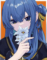 1girl absurdres black_serafuku blue_eyes blue_hair colored_inner_hair double-parted_bangs flower flower_request hair_between_eyes hair_bun hair_ribbon hand_up highres holding holding_flower hololive hoshimachi_suisei hoshimachi_suisei_(school_uniform) lala_(ryu_12028) long_hair looking_at_viewer multicolored_hair one_side_up orange_background polka_dot polka_dot_hair portrait ribbon school_uniform serafuku side_up_bun sidelocks simple_background single_hair_bun slit_pupils smelling smelling_flower solo star_(symbol) star_in_eye symbol_in_eye virtual_youtuber white_flower yellow_trim