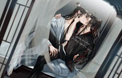 Rule 34 | 2boys, ahoge, bed, bishounen, black hair, black hanfu, black pants, black robe, blush, chinese clothes, closed eyes, collarbone, couple, curtains, dutch angle, english text, french kiss, hair ribbon, hand on another&#039;s back, hand on another&#039;s neck, hand on another&#039;s shoulder, hand on another&#039;s thigh, hand up, hanfu, high ponytail, hug, indoors, kiss, knee up, lan wangji, lattice, light particles, long hair, long sleeves, male focus, mg ms dayo, modao zushi, multiple boys, on bed, open clothes, open robe, pants, ponytail, red ribbon, ribbon, robe, sidelocks, sitting, sitting on lap, sitting on person, spread legs, topknot, twitter username, watermark, wei wuxian, white hanfu, white ribbon, white robe, wide sleeves, xiao guan (headdress), yaoi