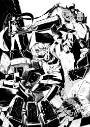 Rule 34 | 3girls, absurdres, arm cannon, bikini, black rock shooter, black rock shooter (character), boots, coat, dead master, demon tail, flame print, flaming eye, greyscale, highres, hood, hoodie, horns, long hair, mechanical arms, monochrome, multiple girls, no shirt, osakae, rock cannon, scythe, sharp teeth, short hair, shorts, skull, strength (black rock shooter), swimsuit, sword, tail, teeth, thighhighs, twintails, uneven twintails, weapon