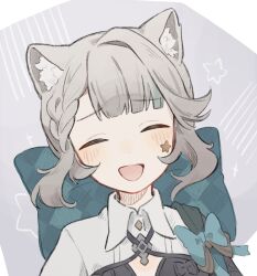 1girl animal_ear_fluff animal_ears aqua_bow black_leotard blush bow cat_ears cat_girl closed_eyes facial_mark facing_viewer genshin_impact grey_background grey_hair highres huge_bow komerina leotard lynette_(genshin_impact) open_mouth portrait smile solo star_(symbol) star_facial_mark