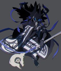 1girl absurdres antlers black_bodysuit bodysuit bone_staff bone_weapon colored_skin detailed_knuckles fingernails floating floating_clothes glowing glowing_eyes grey_background grey_skin highres holding holding_weapon horns long_fingernails mask original shadow skull_mask solo spread_fingers spread_toes star_(symbol) toes waving_hands weapon wen_(yamunashi_(soregoshi)) yamunashi_(soregoshi)