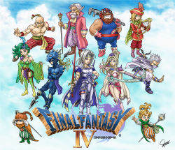 1990s_(style) 3girls armor beard blonde_hair blue_eyes breasts brown_hair cain_highwind cecil_harvey character_request cid cid_pollendina cleavage earrings edward_chris_von_muir edward_geraldine facial_hair final_fantasy final_fantasy_iv goggles green_eyes green_hair green_lips helmet highres jewelry lipstick makeup mask multiple_girls palom ponytail porom purple_eyes purple_lips retro_artstyle rosa_farrell rydia_(ff4) staff sword takumi_(dnacometrue) tattoo tellah weapon white_hair wrench yang_fang_leiden