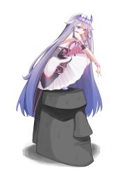 1girl absurdres bracelet commentary detached_sleeves dress from_side gradient_hair grey_hair highres hololive hololive_english ineedpuppy jewel_under_eye jewelry koseki_bijou long_hair looking_at_viewer medium_dress moai multicolored_hair purple_eyes purple_hair smile solo squatting strapless strapless_dress sweat tiara very_long_hair virtual_youtuber white_dress