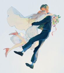 1boy 1girl amo_(amo_0514) arm_around_back arms_around_neck belt black_belt black_shoes blue_jacket blue_pants blue_shirt blue_suit bouquet bridal_veil brown_hair chinese_commentary closed_eyes commentary_request couple dress floating floating_clothes flower flower_request formal_clothes from_side full_body hand_on_another&#039;s_head hetero high_heels highres holding holding_bouquet hug husband_and_wife jacket leg_up long_hair long_sleeves open_clothes open_jacket original pants parted_hair profile red_flower red_rose red_shoes rose shirt shoes short_hair short_sleeves sidelighting simple_background socks suit suit_jacket veil wedding_dress white_background white_dress white_socks yellow_flower