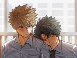 2boys bakugou_katsuki blonde_hair boku_no_hero_academia closed_mouth collared_shirt commentary_request drooling earphones freckles green_hair highres looking_at_another male_focus midoriya_izuku multiple_boys myxi_088 necktie open_mouth saliva scar scar_on_face shared_earphones shirt short_hair sleeping sleeping_on_person spiked_hair twitter_username upper_body white_shirt