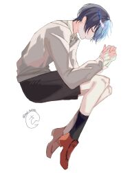 Rule 34 | 1boy, aged down, aoyagi touya, artist name, black hair, black shorts, black socks, blue hair, brown shoes, closed eyes, closed mouth, commentary, from side, full body, grey shirt, highres, loafers, long sleeves, male focus, multicolored hair, oo53 ttt, own hands clasped, own hands together, profile, project sekai, shirt, shoes, short hair, shorts, socks, solo, split-color hair, twitter username, two-tone hair, u u