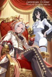 2girls absurdres ahoge animal_ears ascot black_gloves black_hair black_thighhighs blonde_hair bodysuit borrowed_character bow bowtie chain chalice commentary_request commission commissioner_name cropped_jacket crossed_legs cup curtains diffraction_spikes drill_hair drill_sidelocks ear_covers ear_ornament english_text eyes_visible_through_hair feet_out_of_frame female_trainer_(umamusume) frilled_sleeves frills fumi_amashiro_(rune_amashiro) gem gloves gold_chain gold_trim green_gemstone grey_eyes grey_hair hair_between_eyes hair_intakes heart heart-shaped_pupils highres holding holding_cup horse_ears indoors isu8376 korean_commentary lapel_pin long_hair long_sleeves looking_at_viewer multicolored_hair multiple_girls oc_x_canon orange_hair orfevre_(umamusume) original pants purple_eyes purple_gemstone red_bow red_bowtie red_gemstone riding_outfit second-party_source sidelocks sideways_glance single_ear_cover single_sidelock sitting sitting_on_throne smile sparkle sparkling_eyes symbol-shaped_pupils thigh_strap thighhighs throne trainer_(umamusume) twitter_username umamusume very_long_hair white_ascot white_bodysuit white_hair white_pants
