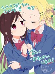 Rule 34 | 2girls, blazer, blonde hair, blue jacket, blush, bow, brown hair, commentary request, copyright name, episode number, closed eyes, green background, hair ornament, hairpin, hitori bocchi, hitoribocchi no marumaru seikatsu, imminent kiss, jacket, long hair, looking at another, multiple girls, red bow, red eyes, school uniform, shirt, signature, simple background, sotoka rakita, tanaka kii, translation request, upper body, white shirt, yuri
