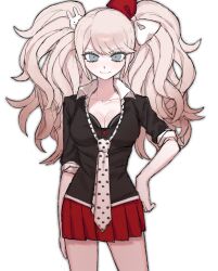 1girl black_bra black_shirt bow bra breasts cleavage collarbone cowboy_shot danganronpa:_trigger_happy_havoc danganronpa_(series) enoshima_junko grey_eyes hair_bow hair_ornament highres long_hair medium_breasts miniskirt necktie polka_dot_necktie rabbit_hair_ornament red_bow red_skirt shirt simple_background skirt smile solo twintails underwear waguwagu090908 white_background
