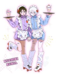 2girls apron bandaid bandaid_on_face bandaid_on_leg black_hair bleach blue_eyes blue_jacket full_body gwao_(_ul_13) heart_pasties highres holding holding_hands holding_plate interlocked_fingers jacket jersey_maid kuchiki_rukia maid maid_headdress multiple_girls name_tag pasties plate purple_eyes purple_jacket roller_skates shoes skates smile standing standing_on_one_leg track_jacket unconventional_maid waitress white_apron white_hair white_headdress white_shoes