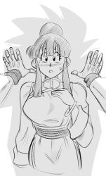 1boy 1girl black_hair blush breasts chi-chi_(dragon_ball) couple dragon_ball funsexydragonball highres husband_and_wife large_breasts nervous nervous_sweating son_goku surprised sweat tagme