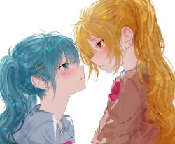 2girls akita_neru aqua_eyes aqua_hair blonde_hair blue_eyes blue_hair blush bow brown_cardigan cardigan closed_mouth collared_shirt ear_piercing earrings eye_contact hair_ornament hairclip hatsune_miku highres jewelry long_hair looking_at_another multiple_girls piercing red_bow seeledayo shirt side_ponytail simple_background sleeveless smile triple_ryuunen twintails very_long_hair vocaloid white_background white_shirt yellow_eyes
