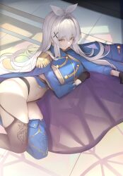 1girl absurdres aiguillette birth&#039;s_character black_gloves blue_cape blue_jacket blue_thighhighs breasts brown_thighhighs cape clothing_cutout commission cross_hair_ornament double-parted_bangs epaulettes feet_out_of_frame gloves gold_trim hair_between_eyes hair_intakes hair_ornament hair_ribbon hairclip highleg highleg_panties highres huge_breasts jacket long_hair looking_to_the_side lying midriff navel nootak on_side original panties ribbon sideboob skindentation sleeve_cuffs solo sunlight thighhighs underwear white_hair white_ribbon window_shadow yellow_eyes