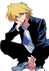 1boy black_jacket black_pants blazer blonde_hair brown_eyes elbow_on_knee elbow_rest facing_to_the_side flowercrabcake hand_on_own_cheek hand_on_own_face hand_rest high_contrast highres jacket jonouchi_katsuya kneeling leaning_forward leaning_on_self leaning_to_the_side looking_at_viewer male_focus nape open_clothes open_jacket pants popped_collar school_uniform shirt shoes smile spread_legs squatting white_background white_shirt white_shoes white_sneakers yu-gi-oh! yu-gi-oh!_duel_monsters