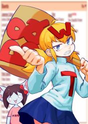 2girls 4chan ahoge animal_ear_fluff animal_ears arms_at_sides blonde_hair blue_eyes blue_skirt blurry blurry_background blush_stickers bow brown_hair cat_ears commentary contrapposto cowboy_shot english_commentary foreshortening furrowed_brow goblant hair_between_eyes hair_bow hair_ornament hands_up head_tilt heart holding holding_mallet long_hair long_sleeves looking_at_viewer low_twintails mallet medium_hair moot multiple_girls nail_polish o_o open_mouth pink_shirt pointing pointing_at_viewer print_shirt print_sweater raised_eyebrow red_bow red_nails sharp_teeth shirt short_sleeves sidelocks skirt sweater teeth turtleneck twintails white_sweater wt_snacks